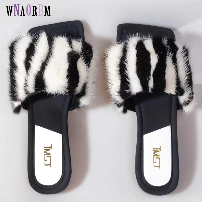

Spring and summer new animal print mink hair trend sandals women's fashion square head flat bottom 100% mink outdoor slippers