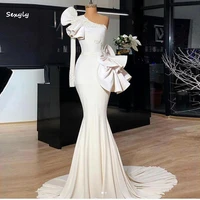 white one shoulder mermaid evening dress with ruffles 2022 elegant satin long formal prom dress for black girls engagement gown