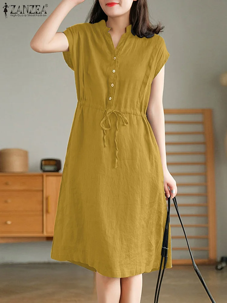 

2022 ZANZEA Summer Solid Woman Dress Cotton Short Sleeve V-Neck Side Pockets Sundress Loose Fashion Casual Elegant Work OL Robe