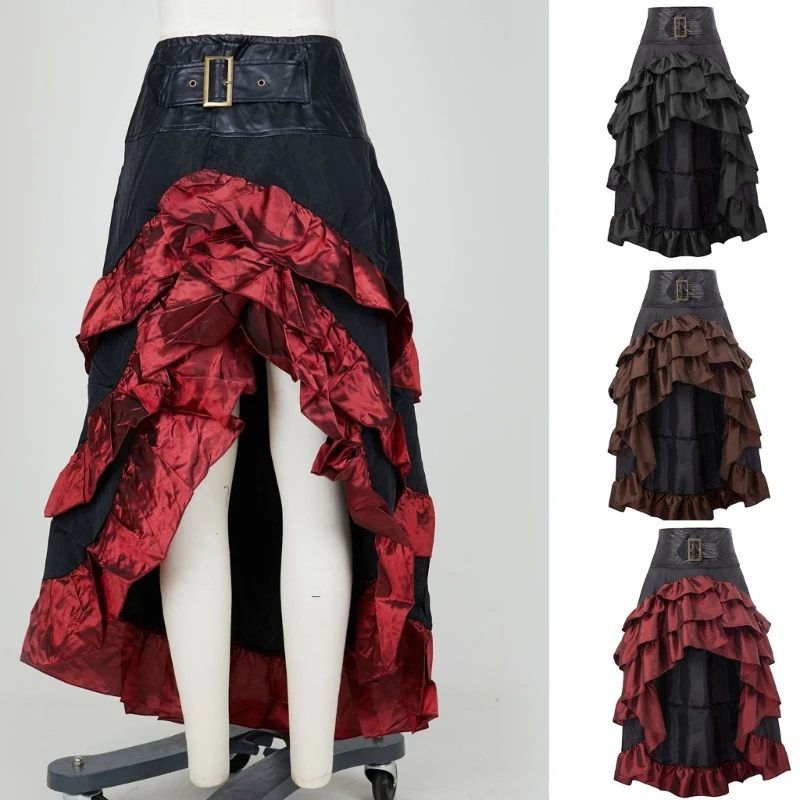 

Women Ruffle Asymmetrical Hem Layered Swing Maxi Skirts High Low Tiered Skirt