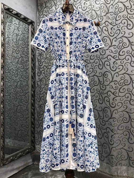 2023 new women fashion short sleeve shirt collar blue and white porcelain print slim dress 0715