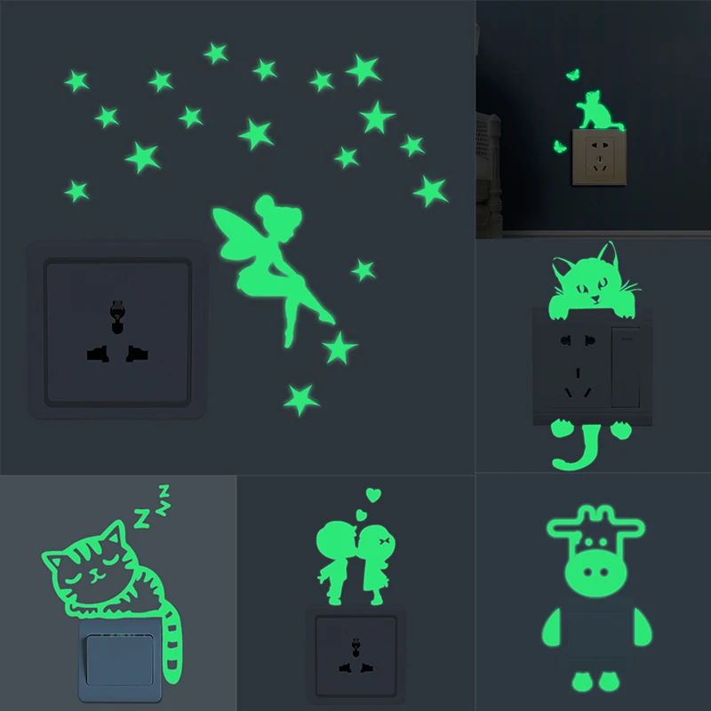Cartoon Luminous Switch Sticker Glow In The Dark Wall Stickers Home Decor Kids Room Decoration Decal Cat Fairy Moon Star