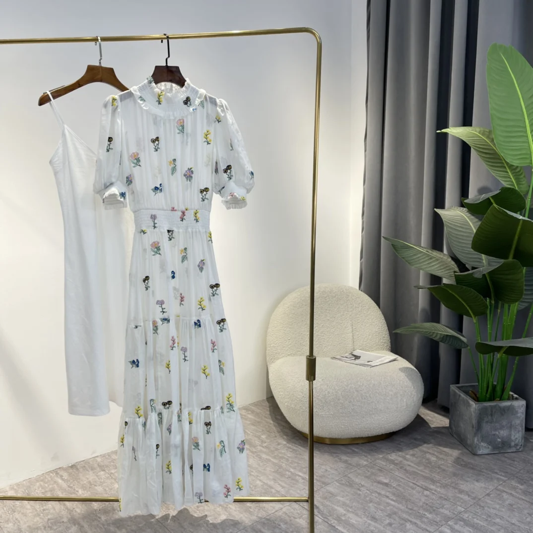 

White Flowers Embroidery Short Puff Sleeve Elastic Waist Midi Dress 2022 Summer High Quality Natural Hemp Clothes