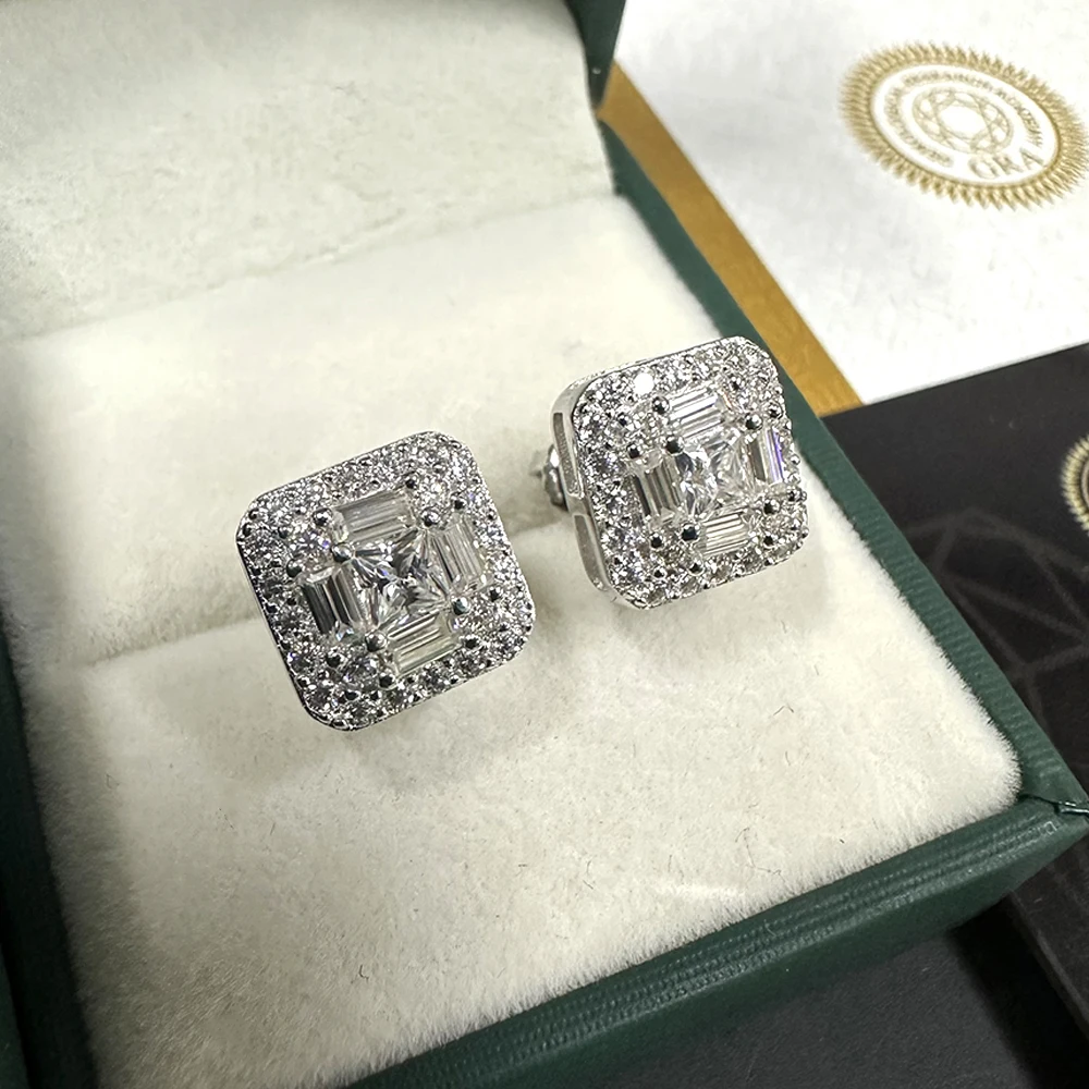 MM Square Diamonds Moissanite Earrings For Women S925 Silver Ear Studs Men Earrings Jewelry Pass Tester Free Shipping