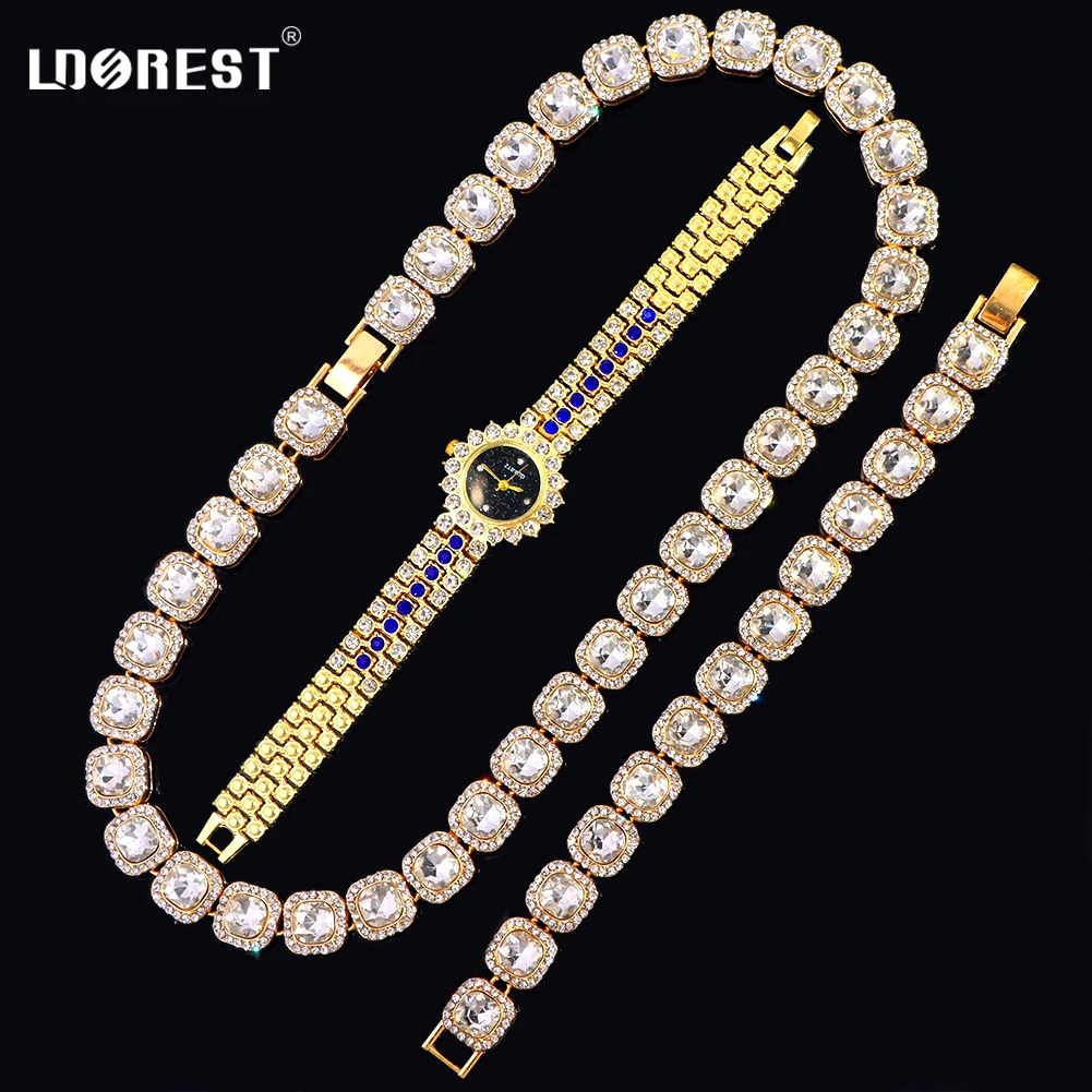 

Necklace +Watch+Bracelet Miami Square Cuban Link Chain Necklace Men Women Iced Out Rhinestones Paved Cuban Chain Hip Hop Jewelry