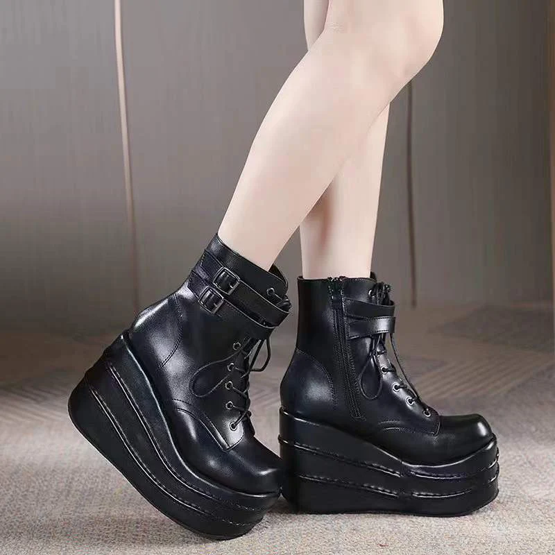 

Womens Boots 11cm Goth Platform Boots Cosplay Wedges Shoes Autumn High Heel Ankle Boots Black Lace Up Botas Plataforma Mujer