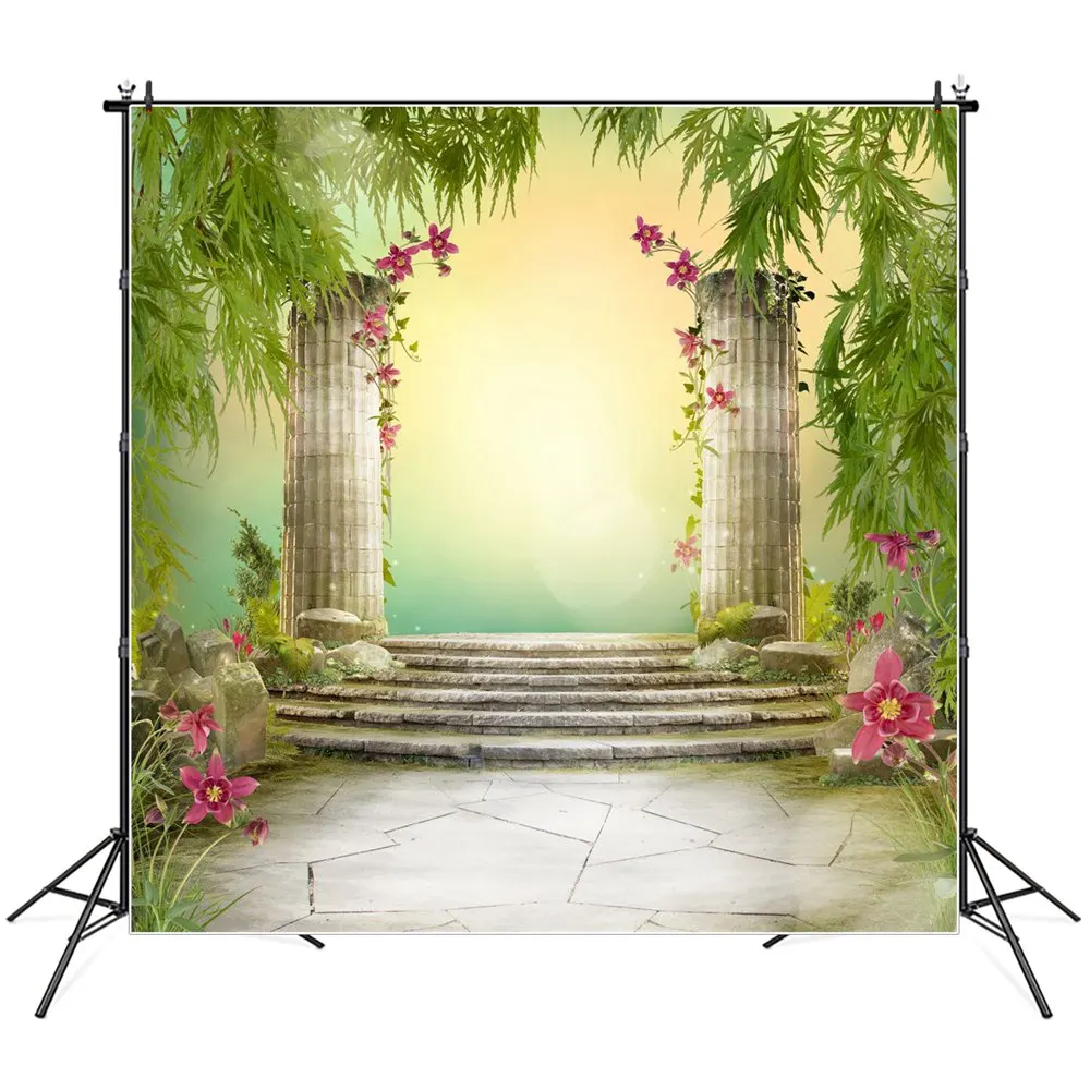 

Wonderland Green Vines Flowers Pillar Pathway Photography Backdrops Custom Baby Party Decoration Photo Booth Studio Backgrounds