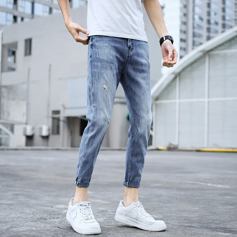 

Wholesale Denim Jeans Men's Summer Brand Stretch Slim Korean Trend Youth Broken Ripped Holes Casual Light-colored Fee Jeans Men
