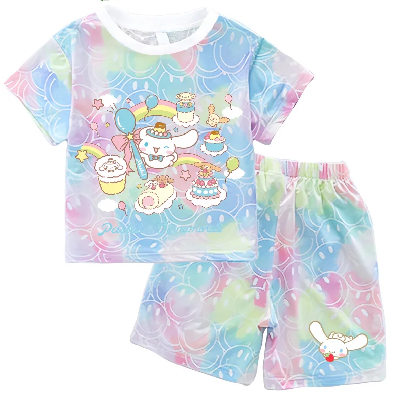 Фото Детский комплект футболок Sanrio с короткими рукавами, одежда с принтом Cinnamoroll, летний повседневный костюм из двух предметов для мальчиков и девочек, подарок на день рождения для ребенка №4