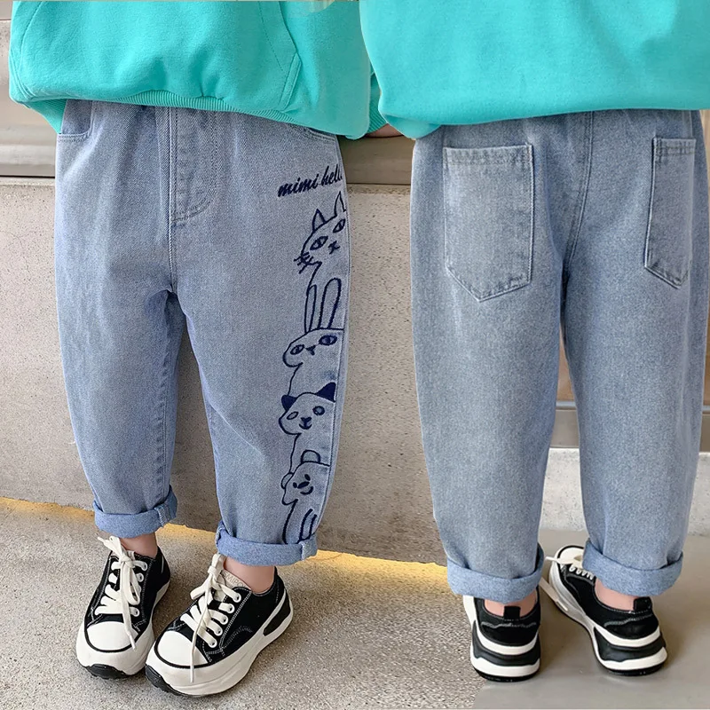 

New Girls Jeans Spring Autumn Children Trousers 1-10Yrs Baby Boys Casual Pants Cartoon Rabbit Jeans Kids Denim Pants