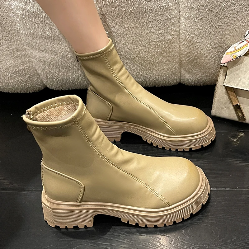 

Lady Boots Zipper Shoes Chelsea Round Toe Boots-Women Med Rock Rubber Autumn 2023 Lolita Ankle Fabric Basic PU Short Plush Hoof