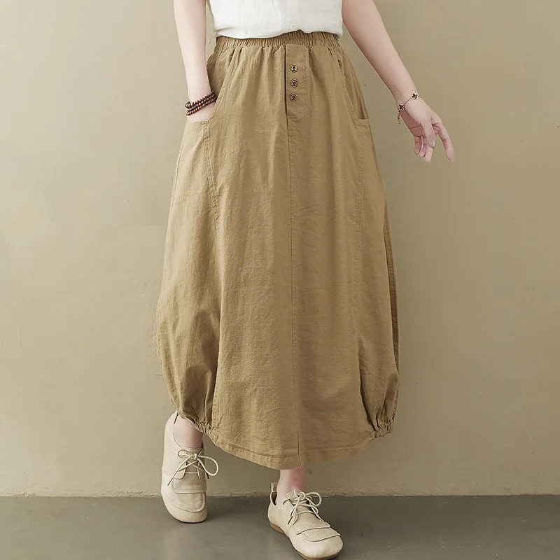 

Vintage Long Skirts For Women Summer Elastic High-Waisted Button up Harajuku Korean Maxi Skirt With Pockets Faldas Largas