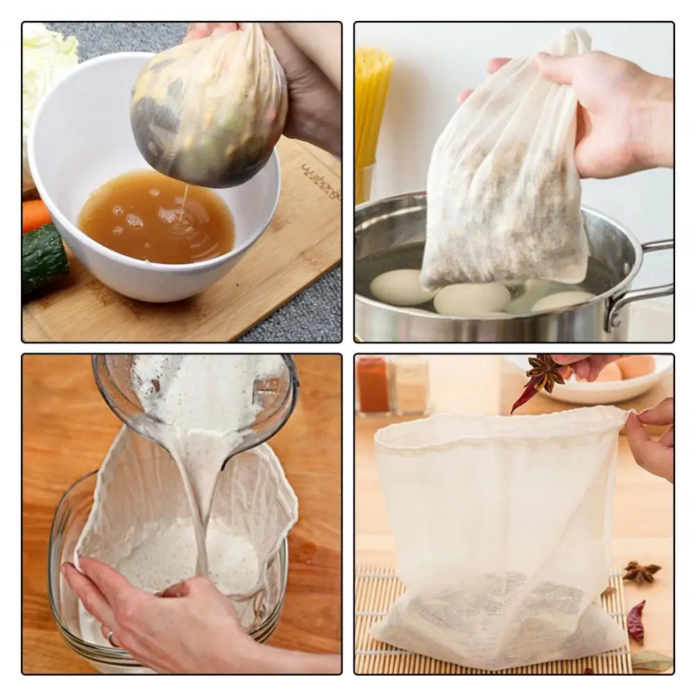 3Pcs/Set Mesh Bag Cotton Linen Reusable Food Filter Mesh Bag Nut Milk Bean Muslin Fish Soup Cook Boiling Spice Filter images - 6