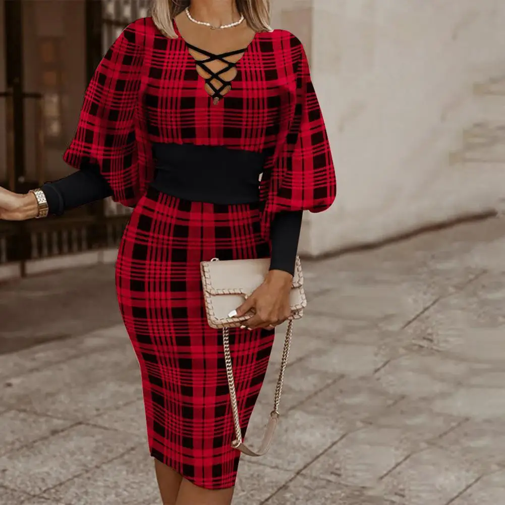 Купи Red Plaid Print Bodycon Dresses For Women Autumn Deep V Neck Long Sleeve Midi Dress Women Elegant Party Dresses Christmas за 470 рублей в магазине AliExpress