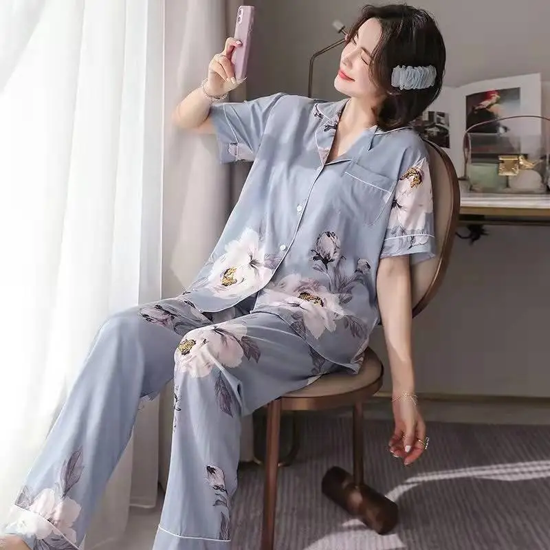 2022 New Flower Pajamas Women's Casual Loose Short Sleeved Trousers Cardigan Home Clothes Lady Sleepwear Female Nightwear