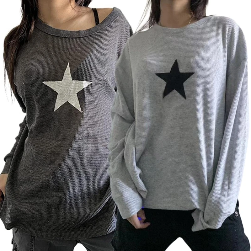 

Свитшот женский в стиле Харадзюку, Свитшот в готическом стиле с графическим принтом звезд, винтажная Повседневная свободная туника с длинн...