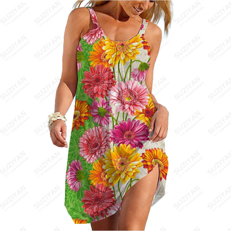 

Summer New Large Strap 3D Flower Print Urban Casual Women's Sexy Beach Dress Medium Waist Long Dress Fashion Loose Strap Dress