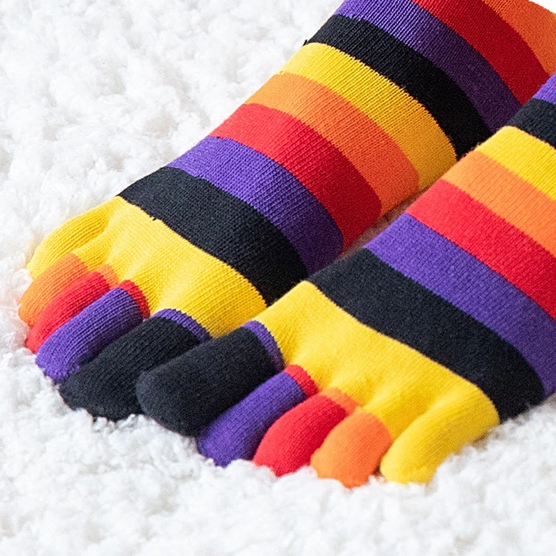 10 Pairs Cotton Women Rainbow Striped Toe Socks Middle Tube Warm Casual Sweat Absorbing Breathable Cotton Autumn Winter Socks