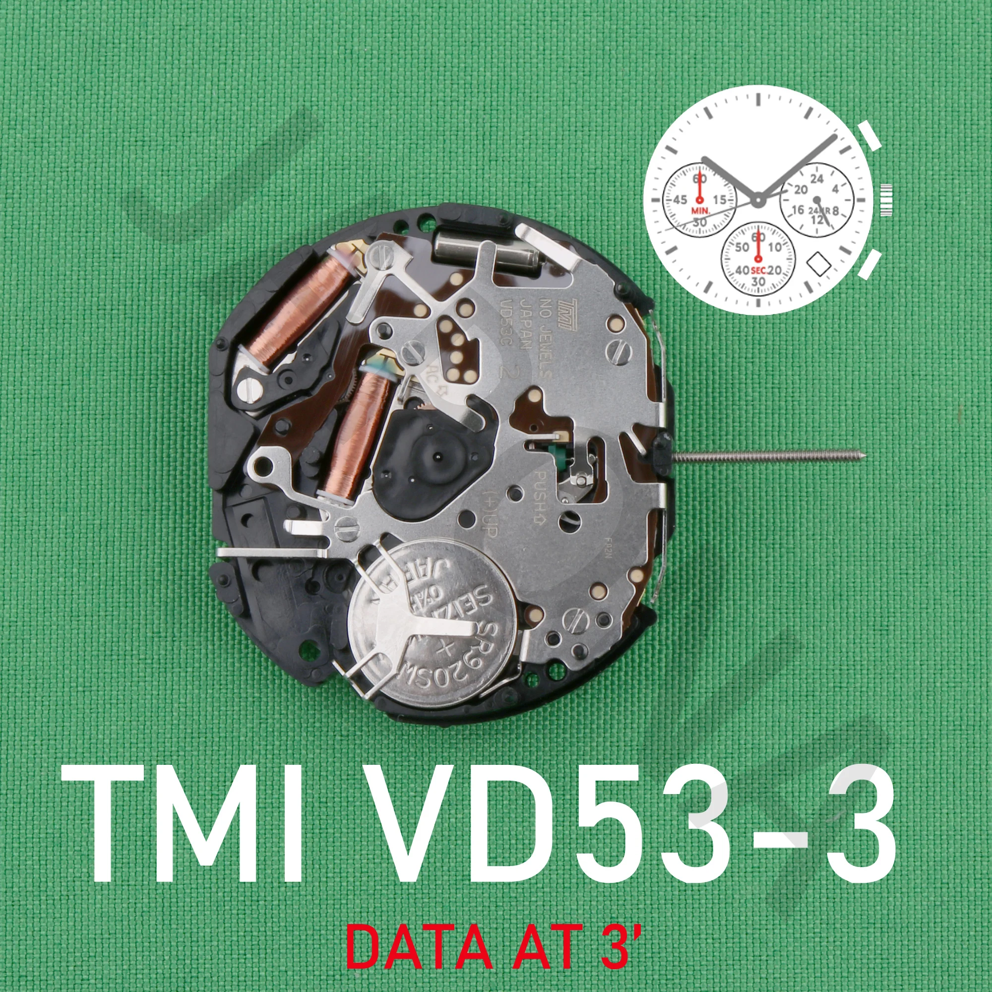 VD53 movement TMI VD53C-3 Quartz Movement Three Hands with 3Eyes ＆Date  Small Chronograph Second＆Minute,24Hour Indicator Hands