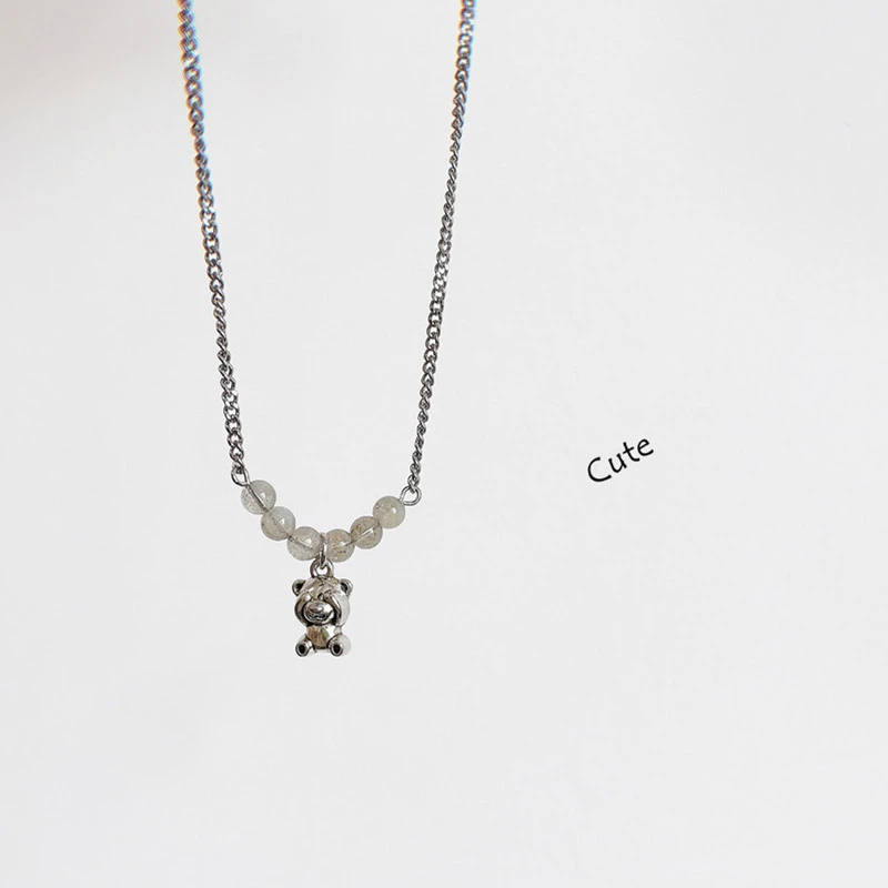 

Trendy Temperament Natural Moonstone Beaded Necklace Women's Cute Face-Covering Bear Pendant Women Anniversary Gift Jewelry