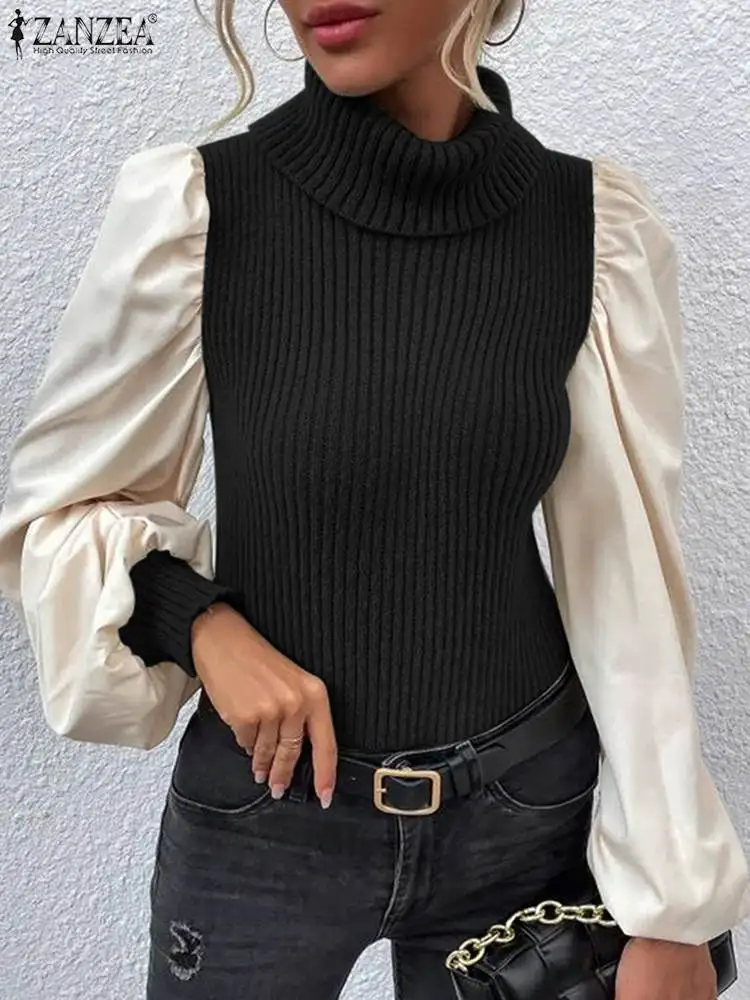 ZANZEA Women Ribbed Pullover Tops Puff Sleeve Patchwork Color Block Slimming Autumn Jumpers Knitted Fashion Turtleneck Sweaters