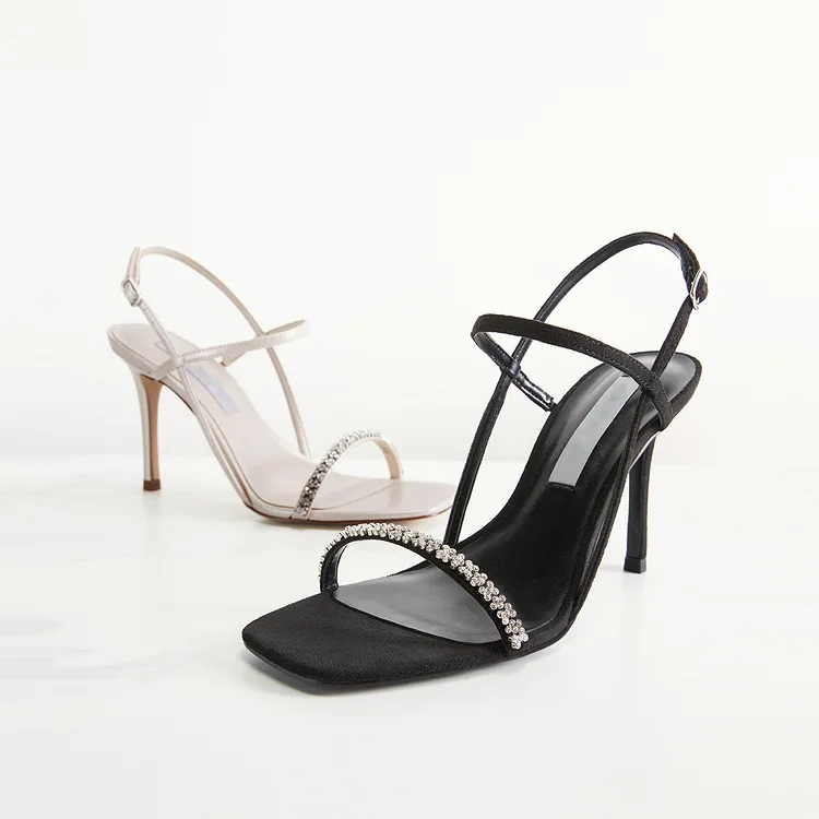 

2022 Spring New Ladies Rhinestone Decoration Square Head High Heel Sexy Sandals Bridesmaid Dress Shoes Banquet Women's Shoes