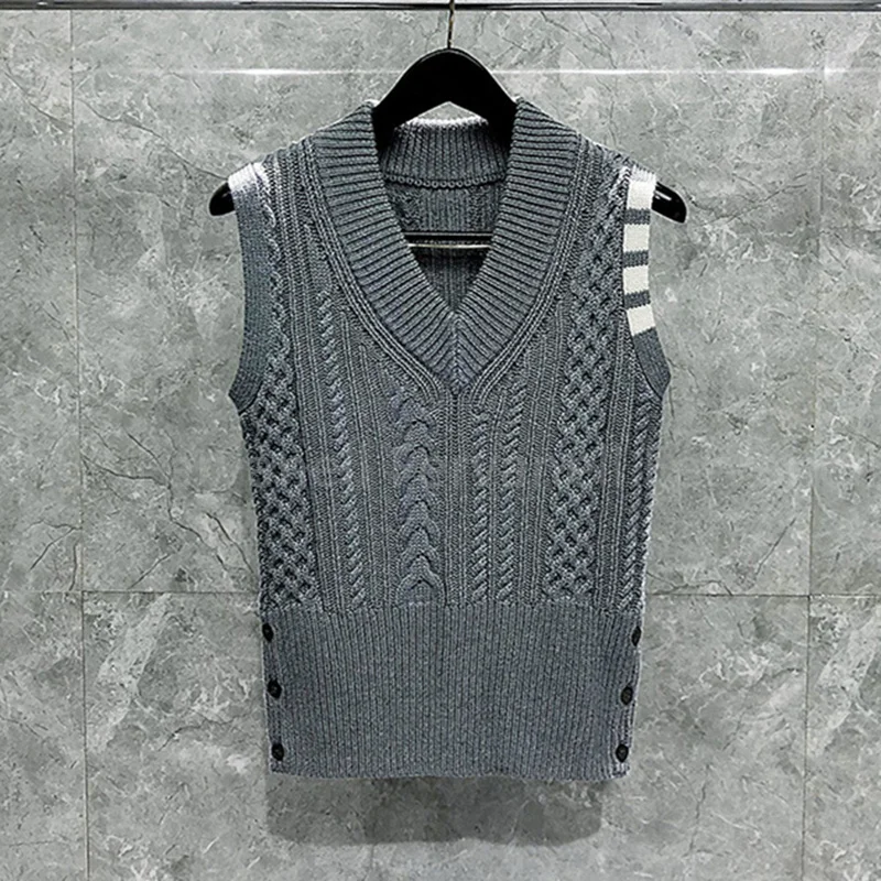 TB Sweater Vest for Men Knitting V-neck Pullover Sweater Autumn Winter Retro Twist Casual Sleeveless Tops Quality Wool Sweaters