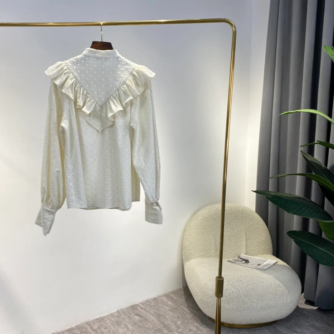 Promotion New Spring 2022 High Quality Pure Cotton Beige Hollow Out Embroidery Blouse Flounced Ruffles Long Sleeve Tops