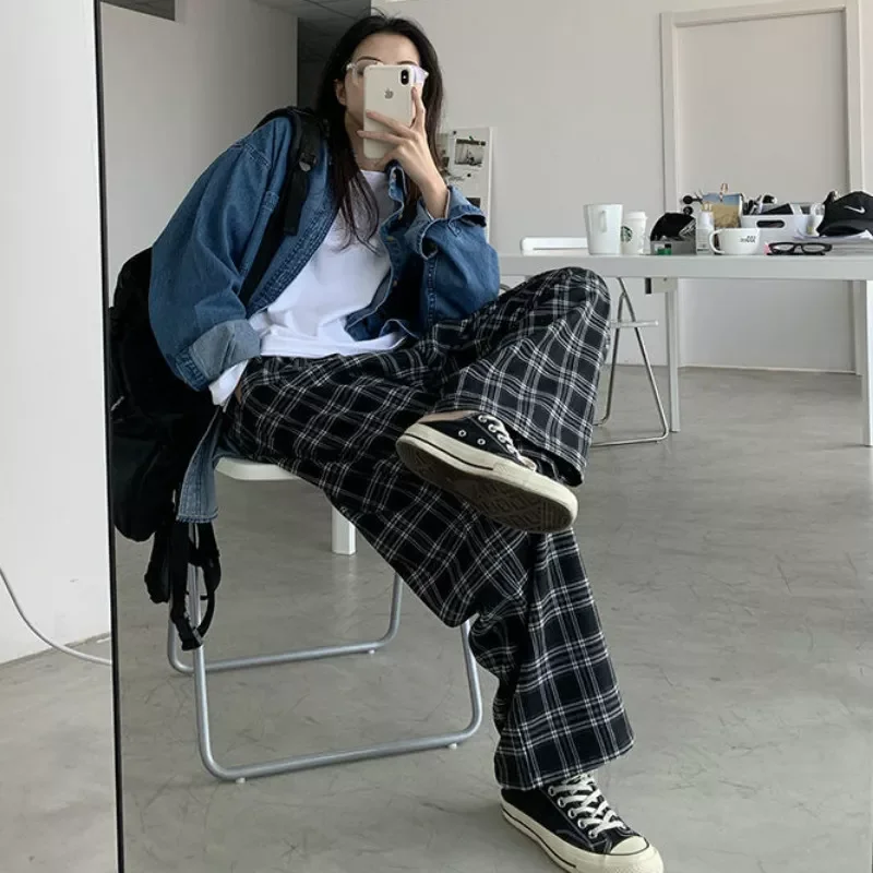 

fashionableWide Leg Pants Womens Hot Sale Summer Fall Chic High Waist All-match Teens Streetwear Ins Trendy Harajuku Plaid Women