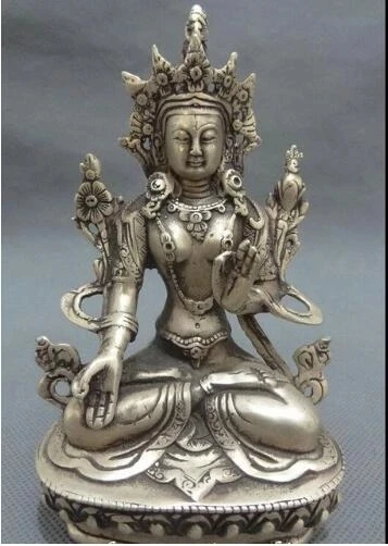 

14cm Tibet Silver Buddhist Joss Protect Set Lotus 7 Eyes White Tara Buddha Statue choice