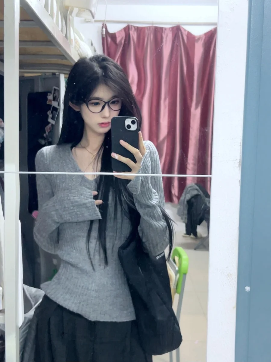 Gyaru серая вязаная женская рубашка с v-образным вырезом и длинными рукавами