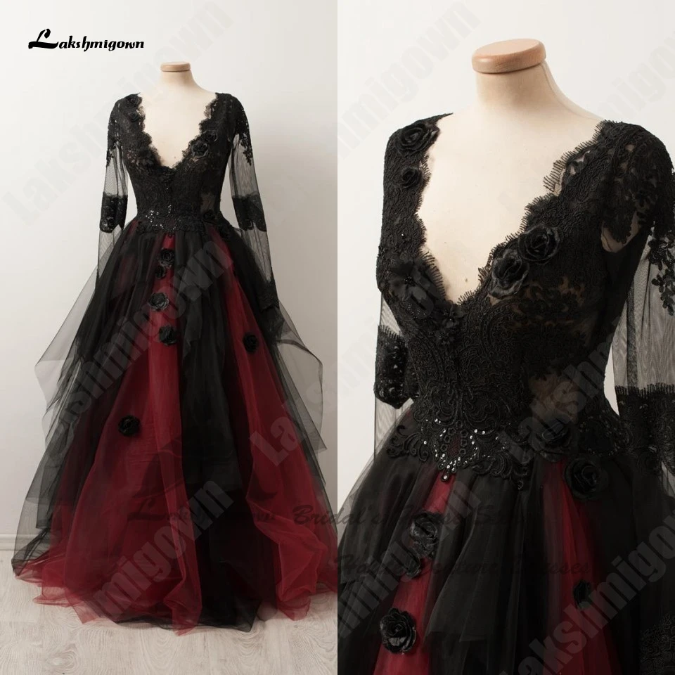 

Lakshmigown Vestidos Black Gothic Long Sleeve Wedding Gowns for Women 2023 V Neck Floral Lace Appliques Burgundy Bridal Dress