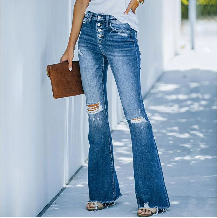 

2023 повседневные узкие джинсы, джинсы с отверстиями, потертые пуговицы, слегка расклешенные края, брюки (женские)