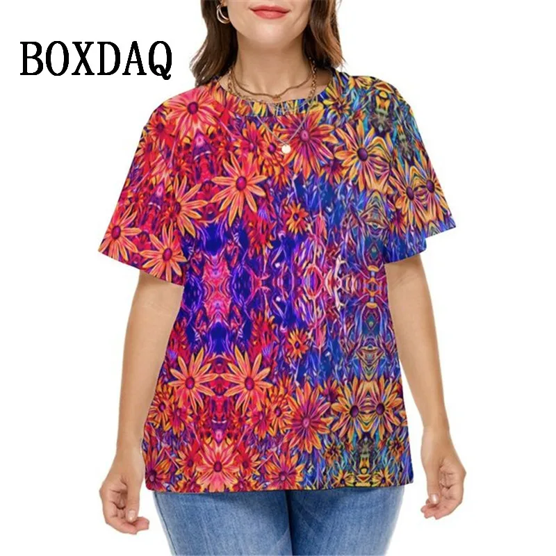 

Женская футболка с коротким рукавом, круглым вырезом и принтом подсолнуха