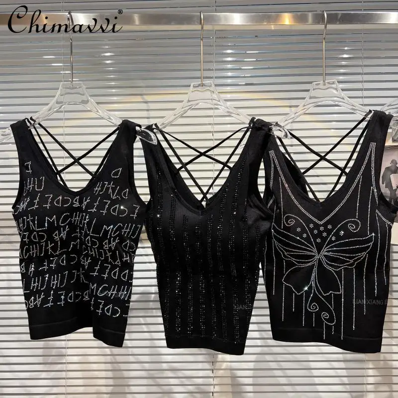 

2022 Spring/Summer New Fashion Rhinestone Chest Pad Tank for Female All-Matching V-neck Backless Slim Fit Top Women's