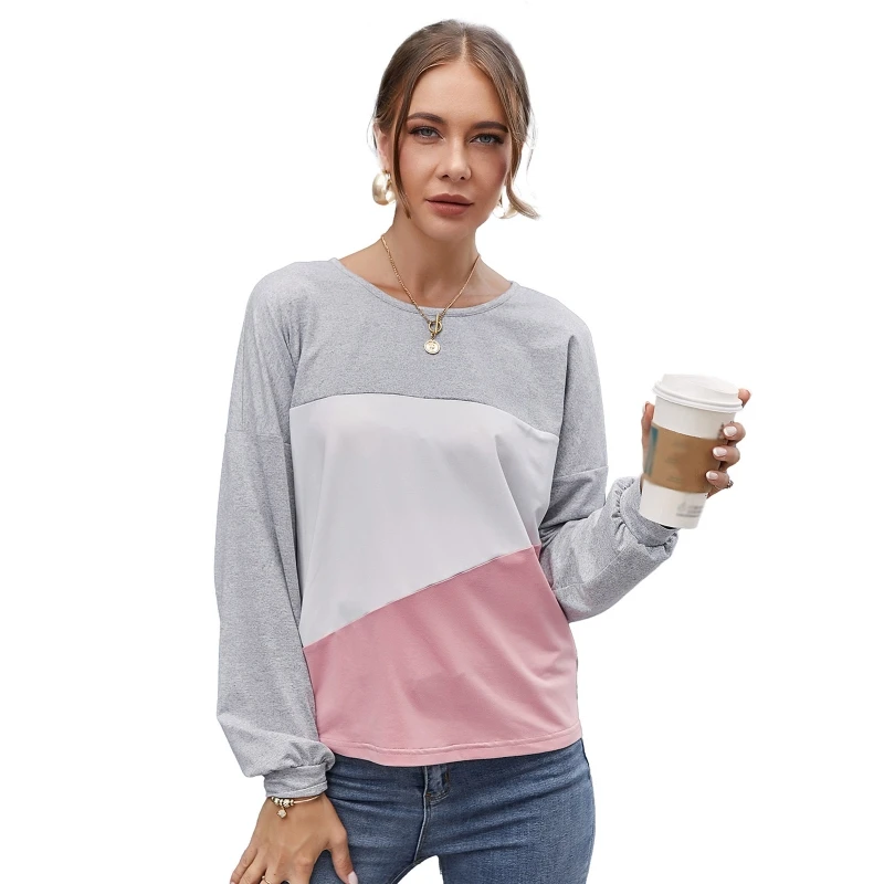 

New style Women Long Sleeve O-Neck Sweatshirt Irregular Colorblock Loose Pullover Top Tee