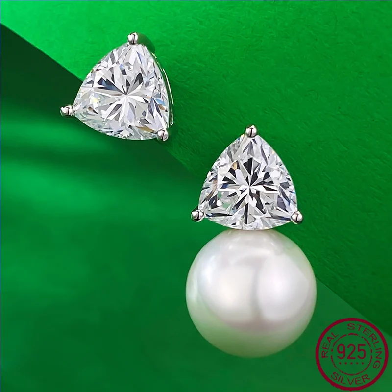 

Новинка 2023 г., высокоуглеродистые серьги-гвоздики с инкрустацией в виде треугольника 8*8, жемчужные серьги 11 мм в модном стиле