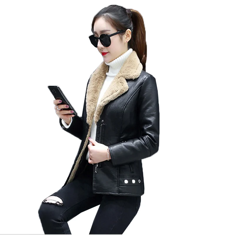 

Women's Leather Jacket 2022 Winter Faux Leather Coat Short PU Leather Flocking Zipper Outerwear Black Motorcycle Coats Female