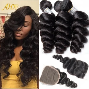 12A Loose Wave Bundles With Closure 100% Unprocessed Human Hair Weft Weaving 3 Brazillian Hair 4x4 L