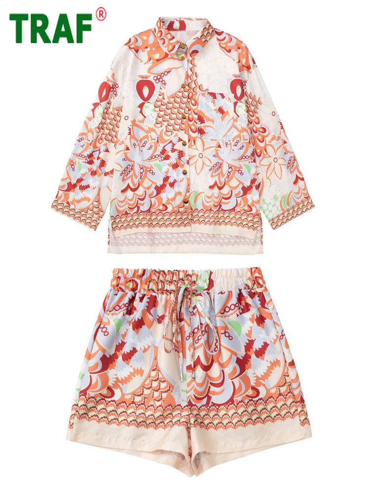 

TRAF Boho Print Women Shirt Set Oversized Shirts Woman Long Sleeve Collared Top Female Summer Button Up Blouses and Shirts Women