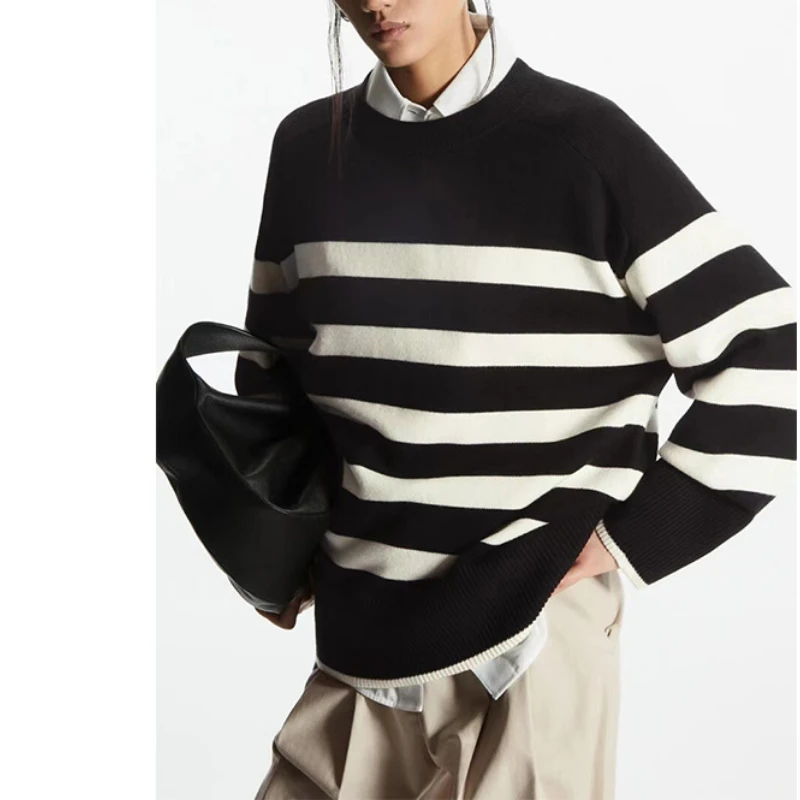 

2023Autumn New Ladies Contrast Stripe O-Neck Sweater Wool Blended Women's Casual Loose Long Sleeve Knitted Pullover