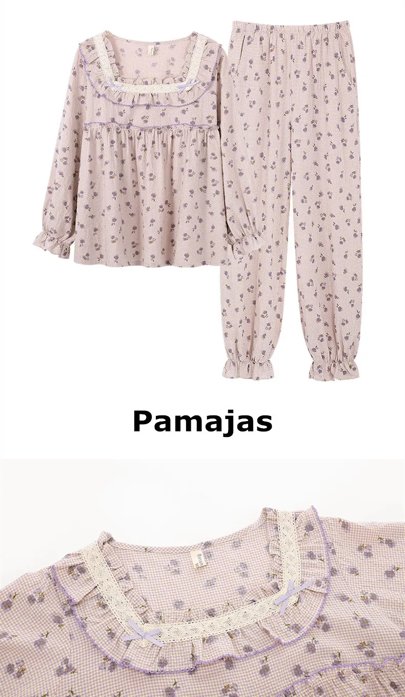 Yasuk Spring Autuum Fashion Women's Casual  Lace Square Collar Sleepwear Homewear Lovely Sweet Pajamas With Pants Soft Flower