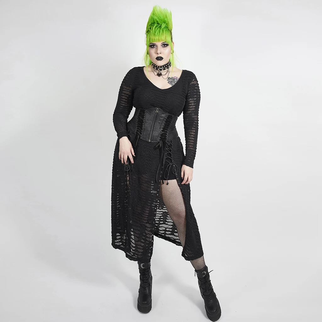 

PUNKRAVE Women's Punk Style Snake Scale Black Flower Long Dress Plus Size 5XL V-neck Split Hem Long Sleeve Dresses