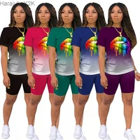 active print two 2piece set for women casual short sleeve gradient t shirt and shorts set tracksuit fashion outfits urban street