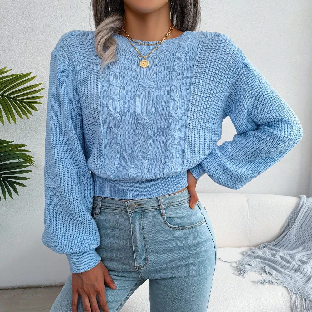 

2022 New Women Autumn Winter Casual Twist Balloon Sleeve Nipped Waist Knit Sweater For Ladies Fashion All Match Chic Tops