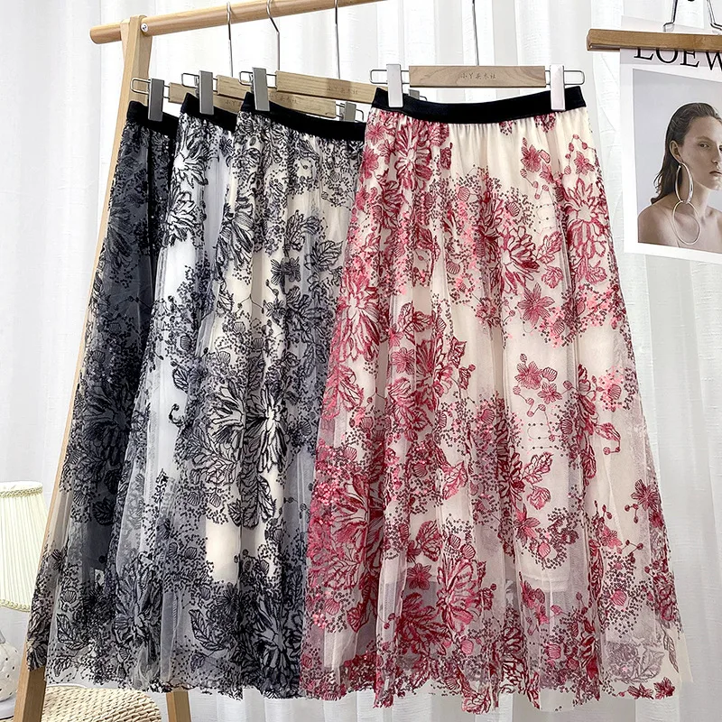 

Spring Summer Fashion Women Embroidery Floral Mesh Skirt High Waist Tulle Korean Casual A-Line Female Streetwear