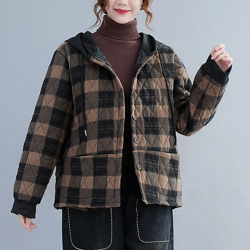 Autumn Winter Thickened Warm Cotton Coat Women 2022 Korean Version Loose Hooded Casual Women's Plaid Short Coat Parkas Outwear