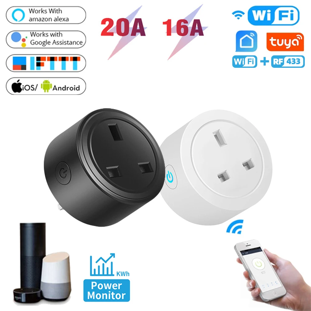 Купи Tuya WIFI Smart Plug UK Standard Sockets Wear-resistant 16A/20A RF433 and APP Remote Control Voice Control with Energy Monitor за 564 рублей в магазине AliExpress