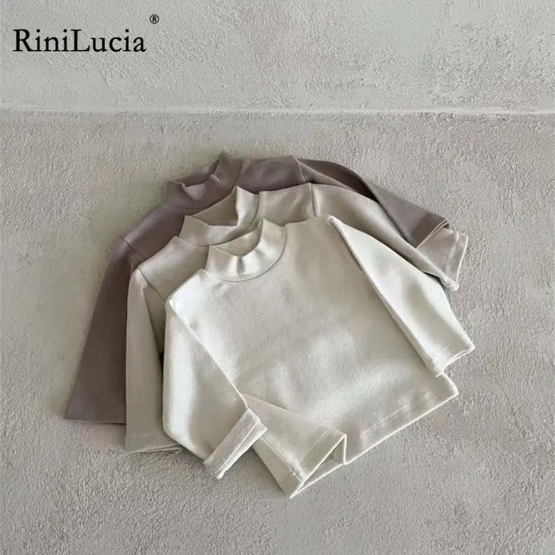 

RiniLucia Children Turtleneck Solid Bottoming Shirt Autumn Winter Casual Long Sleeves T-shirt Girls Boy All-match Cotton Tops