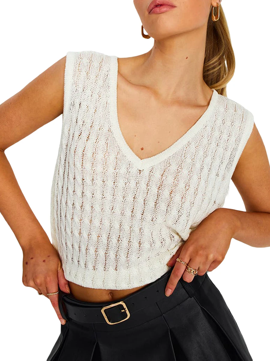 

Women Basic Knitted Tank Tops Summer Casual Solid Color V Neck Sleeveless Crop T-Shirt for Streetwear Club Wear